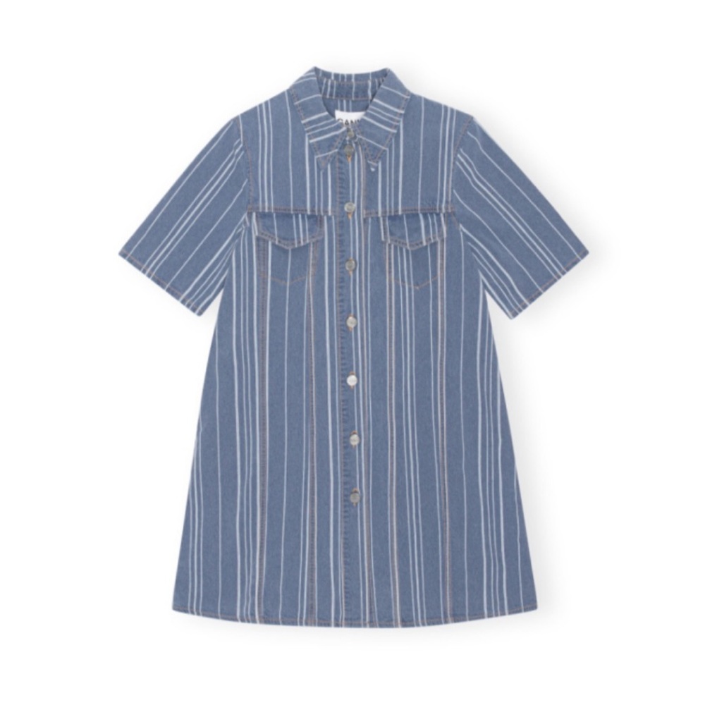 NWT! GANNI J1331 Denim Mini Dress Light Stripe, 566 Mid Blue Stone - S